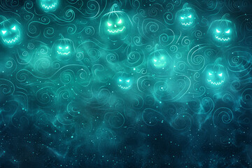  Halloween background with glowing pumpkins and swirls, turquoise color scheme, dark sky-blue background, cute cartoon design, fantasy style.