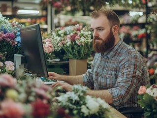 Portrait of a focused florist man working on computer in his floral shop workspace