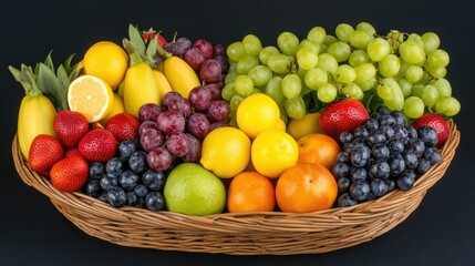 A colorful spread of fresh, seasonal fruits arranged in a wicker basket