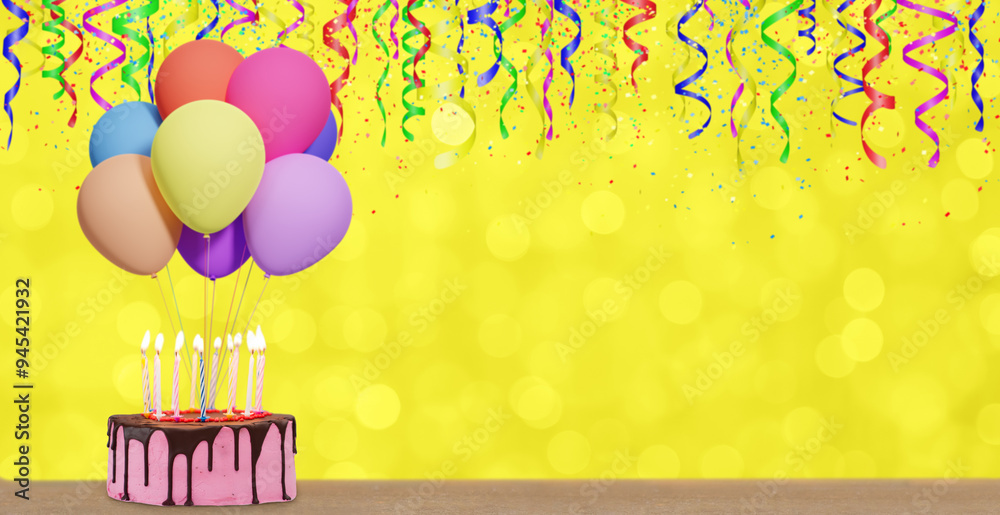 Aufkleber Birthday cake with bunch of colorful balloons on blurred yellow background. Empty space for text. 3d rendering