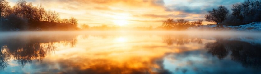 Fototapeta premium Stunning sunrise over a tranquil lake, creating a beautiful reflection and atmospheric mist, perfect for nature and landscape lovers.