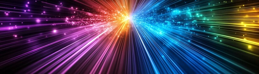 Vibrant beams of light radiate in multiple colors, creating an ethereal and dynamic atmosphere, perfect for creative projects.
