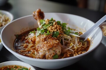 Delicious bowl of spicy chicken noodle soup garnished with peanuts and fresh herbs in a cozy eatery setting
