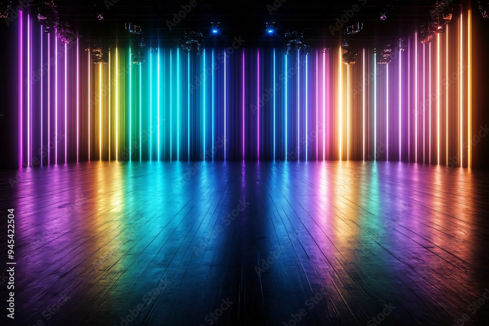 Sticker vibrant neon light display with colorful vertical bars illuminating a dark space, perfect for events