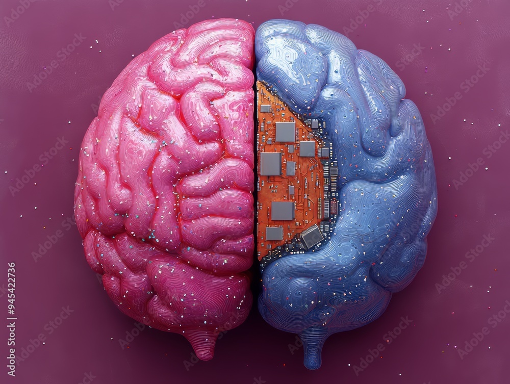 Wall mural artificial intelligence concept: human brain merging with technology, human brain vs ai technologies