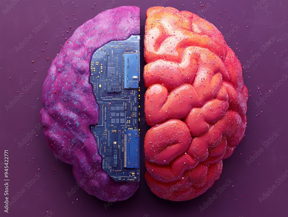 Wall mural artificial intelligence concept: human brain merging with technology, human brain vs ai technologies