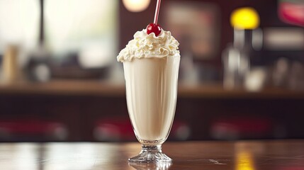 A glass of creamy vanilla milkshake topped with whipped cream and a cherry, served with a straw in a retro diner