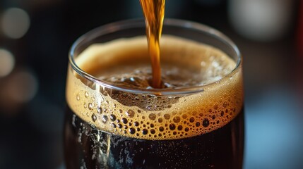 A glass of dark ale being poured into a pint glass, with a rich, foamy head forming