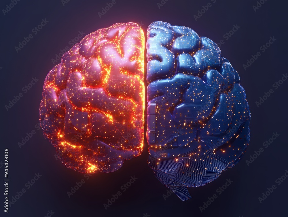 Wall mural artificial intelligence concept: human brain merging with technology, human brain vs ai technologies
