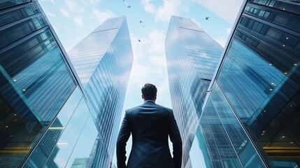 Fototapeta premium Businessman standing in a suit is looking up at the sky in between two modern corporate skyscrapers