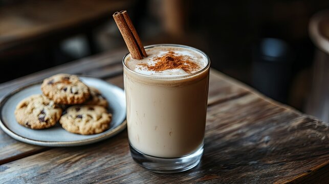 A glass of iced chai latte with a cinnamon stick garnish, served with a plate of cookies on a wooden table