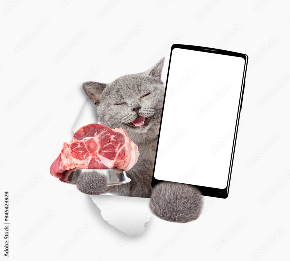 Aufkleber happy cat looks through a hole in white paper, holds bowl with raw meat and shows smartphone with wh