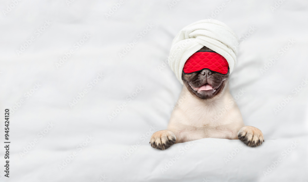 Aufkleber cute pug puppy wrapped with towel, wearing sleeping mask sleeps on a bed at home. top down view. emp