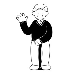 片手をあげて挨拶をする杖をついたシニア男性の単色イラスト
