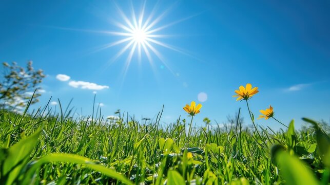 A meadow in early spring, with fresh green grass and budding flowers under a clear blue sky