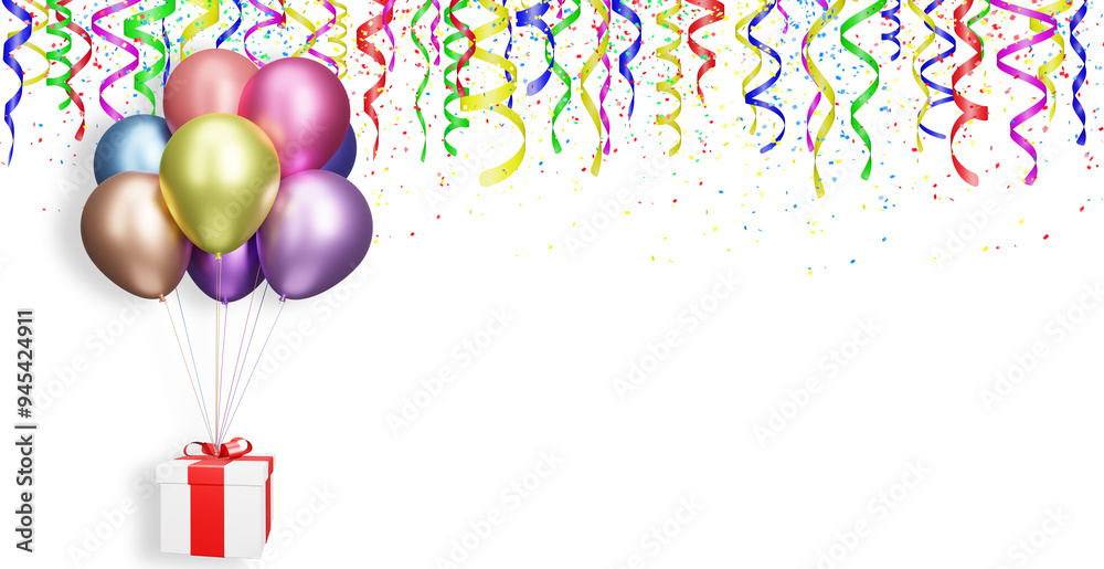 Poster flying gift box with colorful balloons on white background with curly ribbon. Empty space for text. 3d rendering