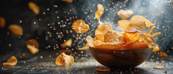 Crispy potato chips flying out of a festive red bowl, illuminated by dynamic lighting.