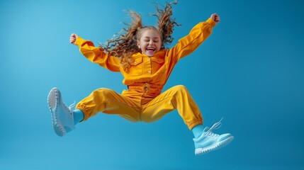 A joyful girl with curly hair jumps in mid-air, wearing a bright yellow tracksuit and light blue sneakers. The background is a solid blue, enhancing the cheerful atmosphere.