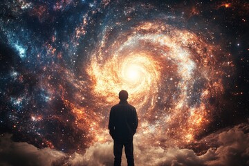 Fototapeta premium An entrancing picture showcasing a silhouetted figure gazing into a vibrant cosmic spiral, full of bright stars and deep space elements, invoking mysticism and introspection.