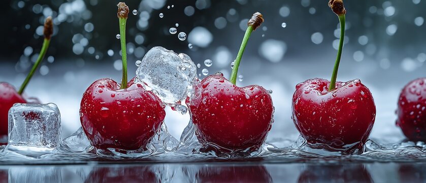 cherries fruit with melting ice cubes and water splashes effects . aspect ratio 7:3