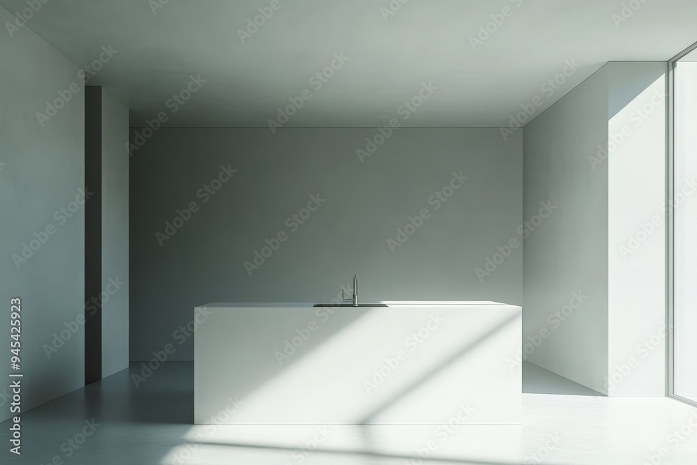 Poster a minimalistic kitchen bathed in natural sunlight, featuring a central island and clean lines for a 