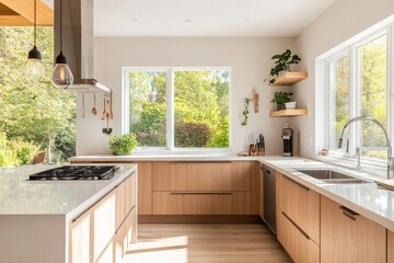 Fototapeta premium A cozy kitchen showcasing wooden cabinets, a large window with plenty of sunlight, and modern appliances, creating a warm and inviting space perfect for family gatherings.