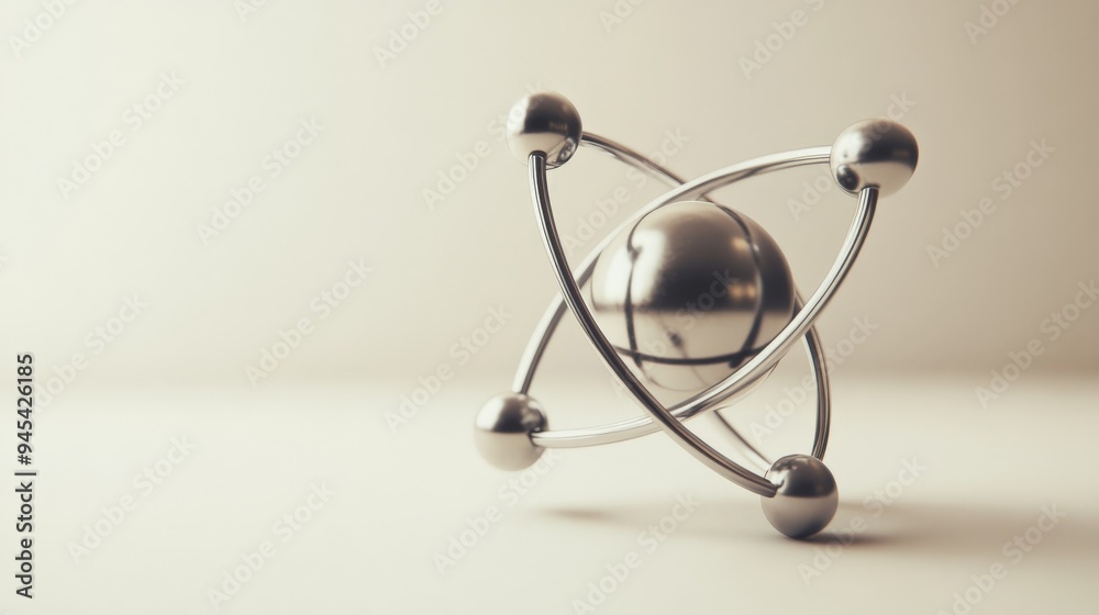 Poster A 3D metallic model representing an atomic structure with a central nucleus and orbiting electrons on a uniform background, symbolizing fundamental particles and science.