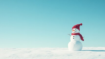 A cheerful snowman wearing a red hat and scarf stands on a snowy landscape under a bright, clear sky, evoking the festive spirit and playful winter joy.