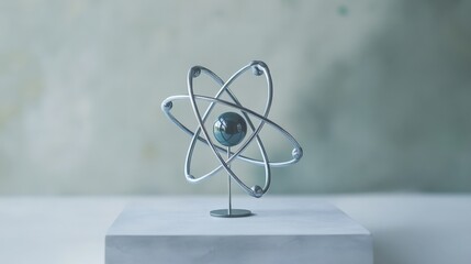A sculptural representation of an atomic model stands on a marble surface with a blurred background, symbolizing scientific knowledge and atomic structure in detailed artistry.
