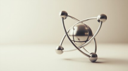 A 3D metallic model representing an atomic structure with a central nucleus and orbiting electrons on a uniform background, symbolizing fundamental particles and science.