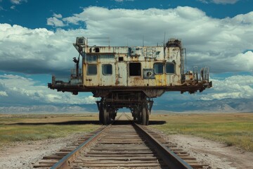 Fototapeta premium An abandoned, rusty railway vehicle is positioned on tracks, set against a backdrop of dramatic clouds, illustrating a scene of industrial decay and desolation.