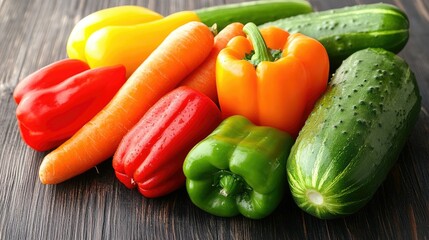 A variety of colorful bell peppers, carrots, and cucumbers ready for juicing