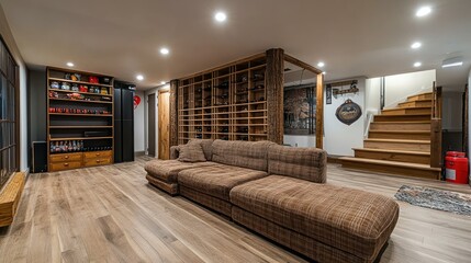 Modern basement living room with a brown couch, a wooden shelf, and stairs.