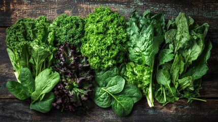 A variety of leafy greens, including kale and spinach, displayed on a rustic wooden table