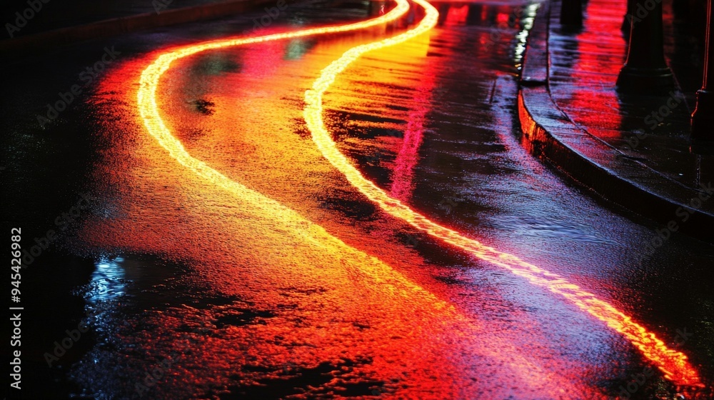 Poster a mesmerizing night view capturing neon light reflections on a wet street, creating a vibrant and co