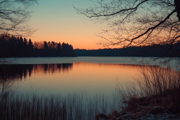 Fototapeta premium The image features a tranquil lake at sunset with a serene and calm atmosphere, surrounded by bare trees creating a reflective and peaceful scene.