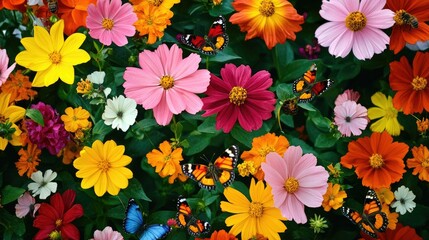 Colorful array of flowers with bees and butterflies feeding on nectar