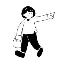 後方を指さす中高年女性の単色イラスト
