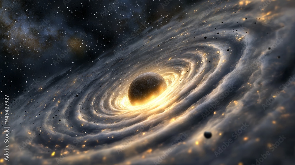 Poster Central planet glowing amidst swirling galactic dust, exemplifying the intricate interactions and stunning visual phenomena occurring in the vastness of space.