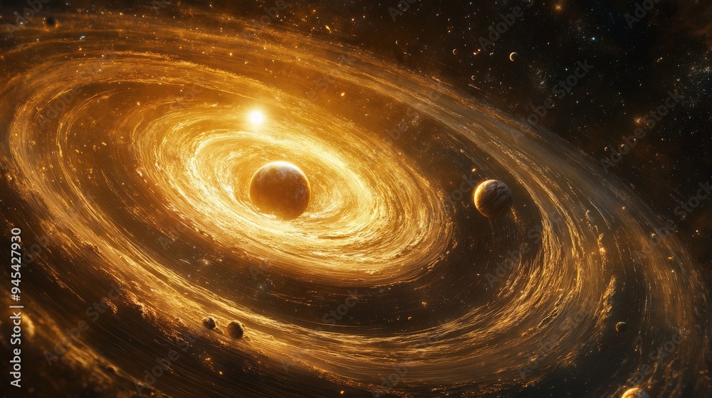 Poster Image of a fiery galaxy surrounded by radiating celestial bodies, showcasing the dynamic and explosive nature of the universe's astronomical phenomena and its fiery elements.