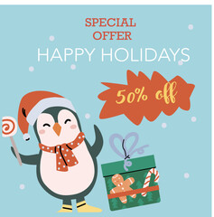 Christmas sale square banner with cartoon fairy character. Flat illustration for advertising, social media post. Cute xmas characters with gifts - ad design for childrens winter holidays goods.