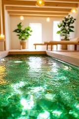 A serene wooden spa retreat with a beautiful woman indulging in a detoxifying seaweed wrap and relaxing bath