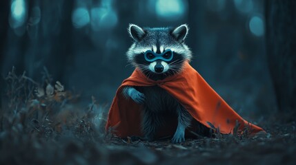 A raccoon is dressed like a superhero, wearing a red cape and a blue mask, walking confidently in a mystical forest setting. The image evokes a sense of adventure and fantasy.