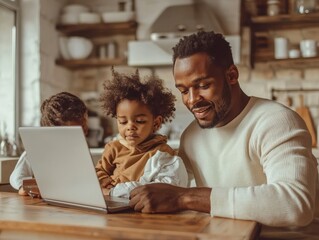 Young black father engaged in remote work while diverse family enjoys time together in kitchen