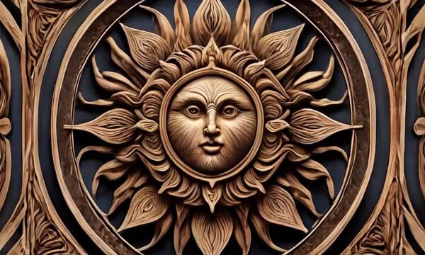  Intricately carved sun face in wood, symbolizing warmth and vitality, ideal for art, design, or decor businesses, and applicable in themes of spirituality, nature, and craftsmanship.