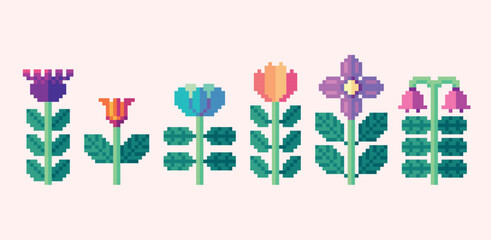 Blooming flowers pixel art set. Plants and herbs collection. 8-bit sprite. Game development, mobile app. Isolated vector illustration.