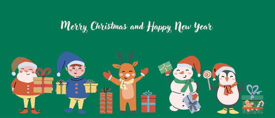 Merry Christmas and Happy New Year horizontal banner. Cartoon flat xmas vector illustration. Fairy New Year characters with gifts and candy cane. Happy Holidays concept illustration.