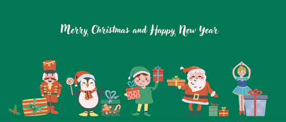 Merry Christmas and Happy New Year horizontal banner. Cartoon flat xmas vector illustration. Fairy New Year characters with gifts and candy cane. Happy Holidays concept illustration.