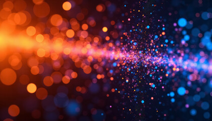 Abstract technological background with orange, blue and purple particles and bokeh.