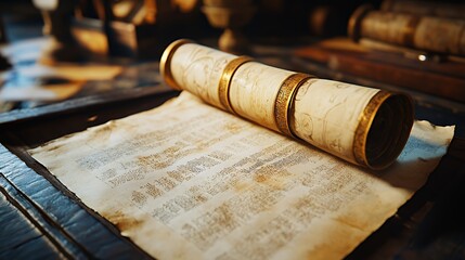 Fototapeta premium An ancient scroll rests on a wooden surface, revealing intricate text and illustrations.